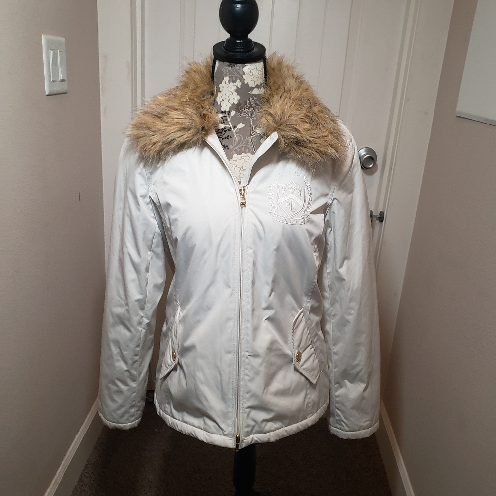 Lauren Ralph Lauren Active Puffer Coat Ivory with Faux Fur Collar Size Medium
